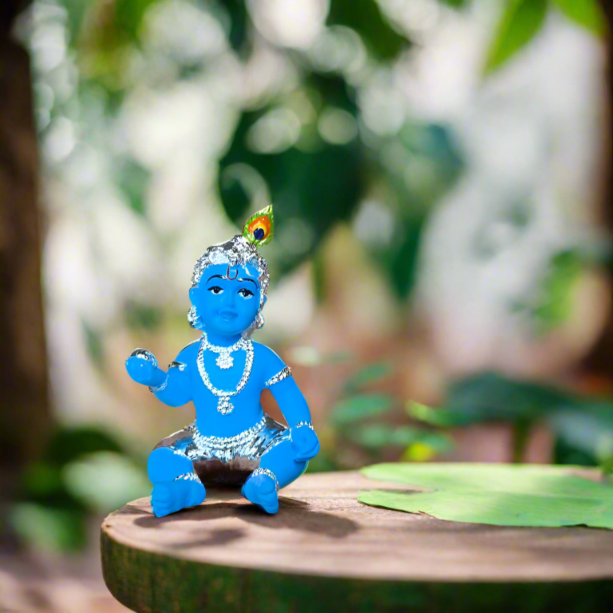Silver Plated Sitting Laddu Gopal Murti - Bhakti Samagri