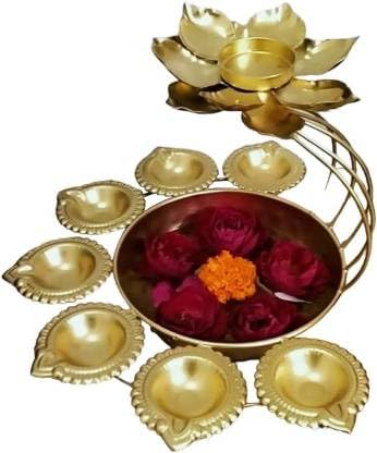 Golden Decorative Metal Diya Urli Bowl for Floating Flowers and Tea Light Candles - Bhakti Samagri