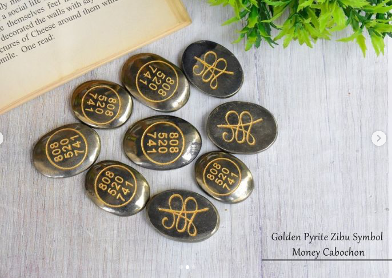 Golden Pyrite Zibu Symbol Coin Money Cabochon - Bhakti Samagri