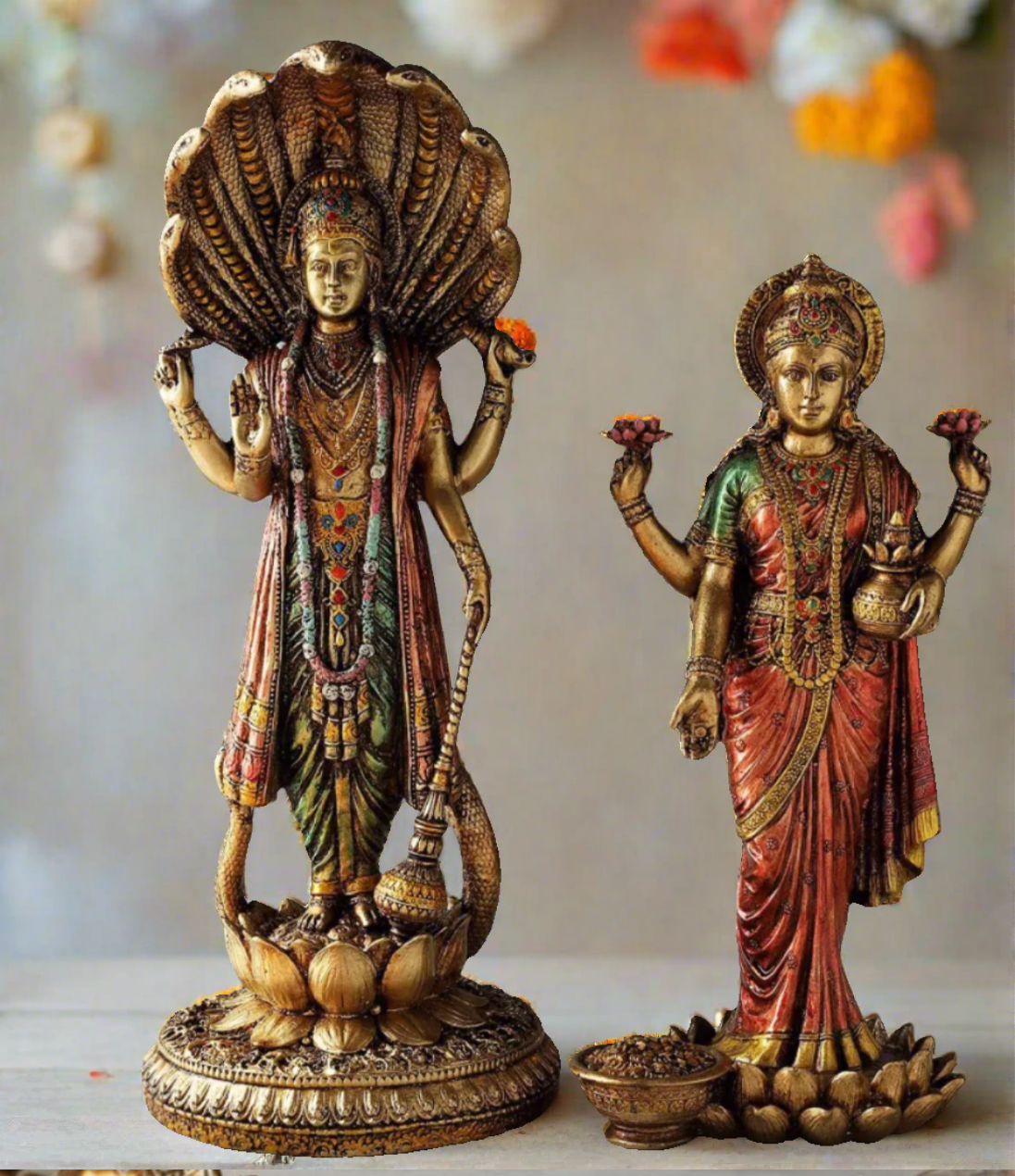 Lord Vishnu & Goddess Lakshmi Standing Idols in Antique/Copper Finish