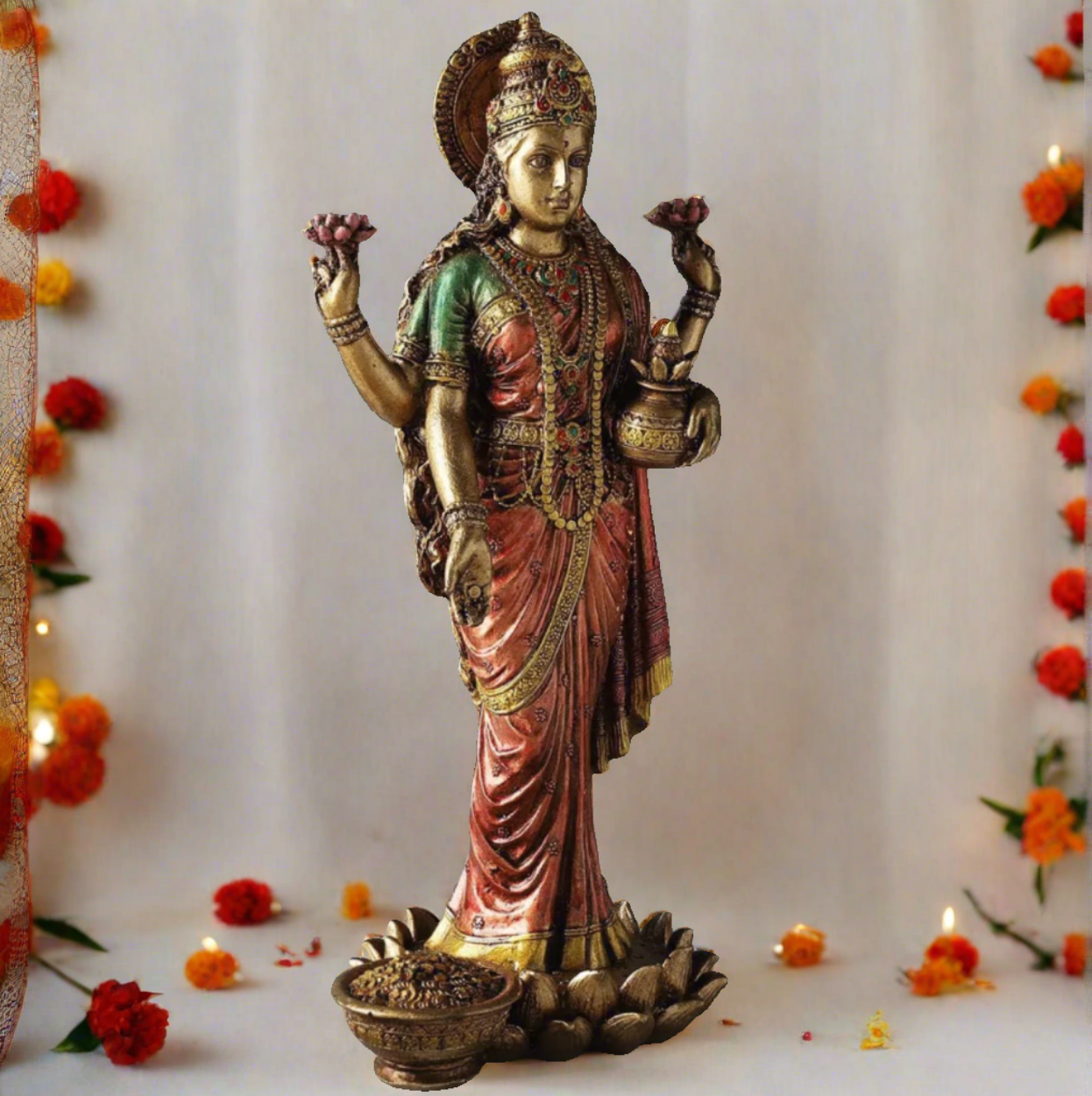 Maa Lakshmi Standing Idol with Antique/Copper Finish - Bhakti Samagri