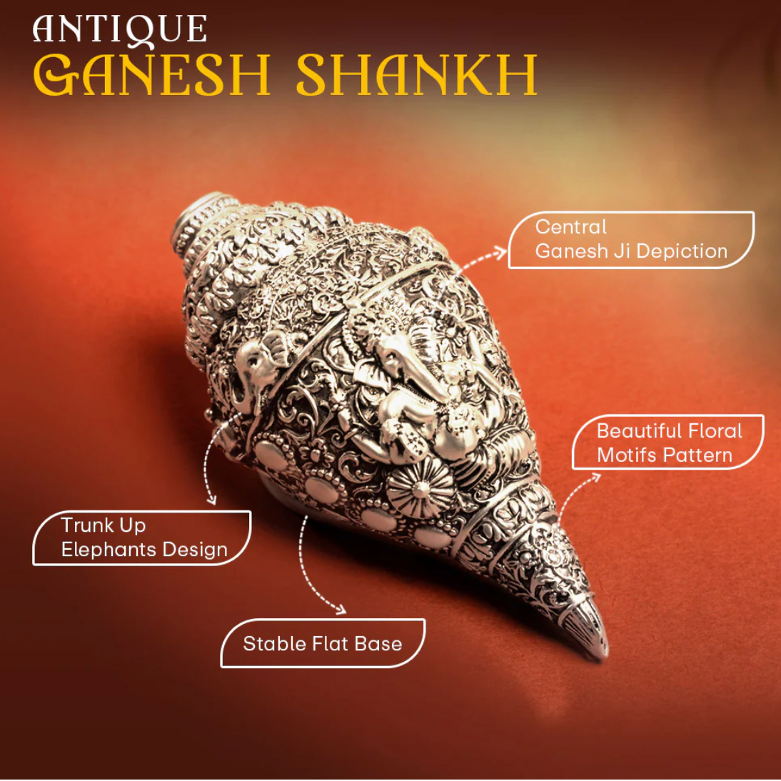 Antique Ganesh Shankh (Conch) 999 Silver Plated - Bhakti Samagri