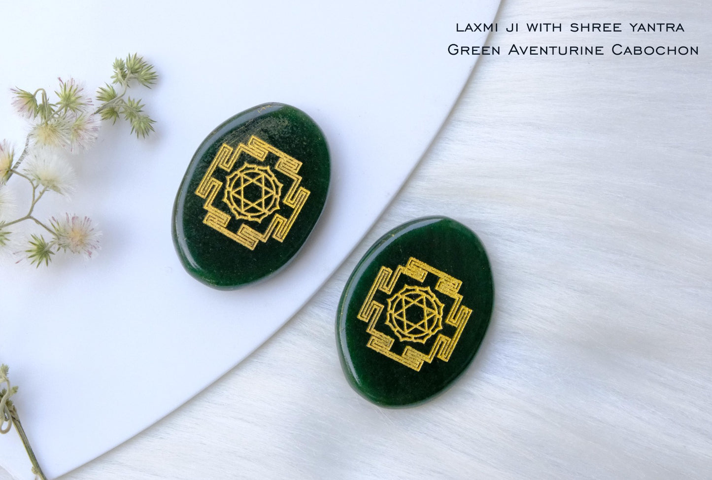 Green Aventurine Coin Engraved with Laxmi Maa & Shri Yantra