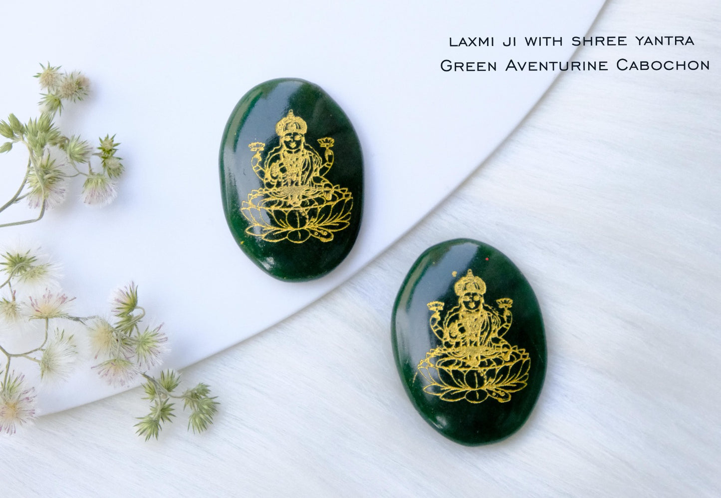 Green Aventurine Coin Engraved with Laxmi Maa & Shri Yantra