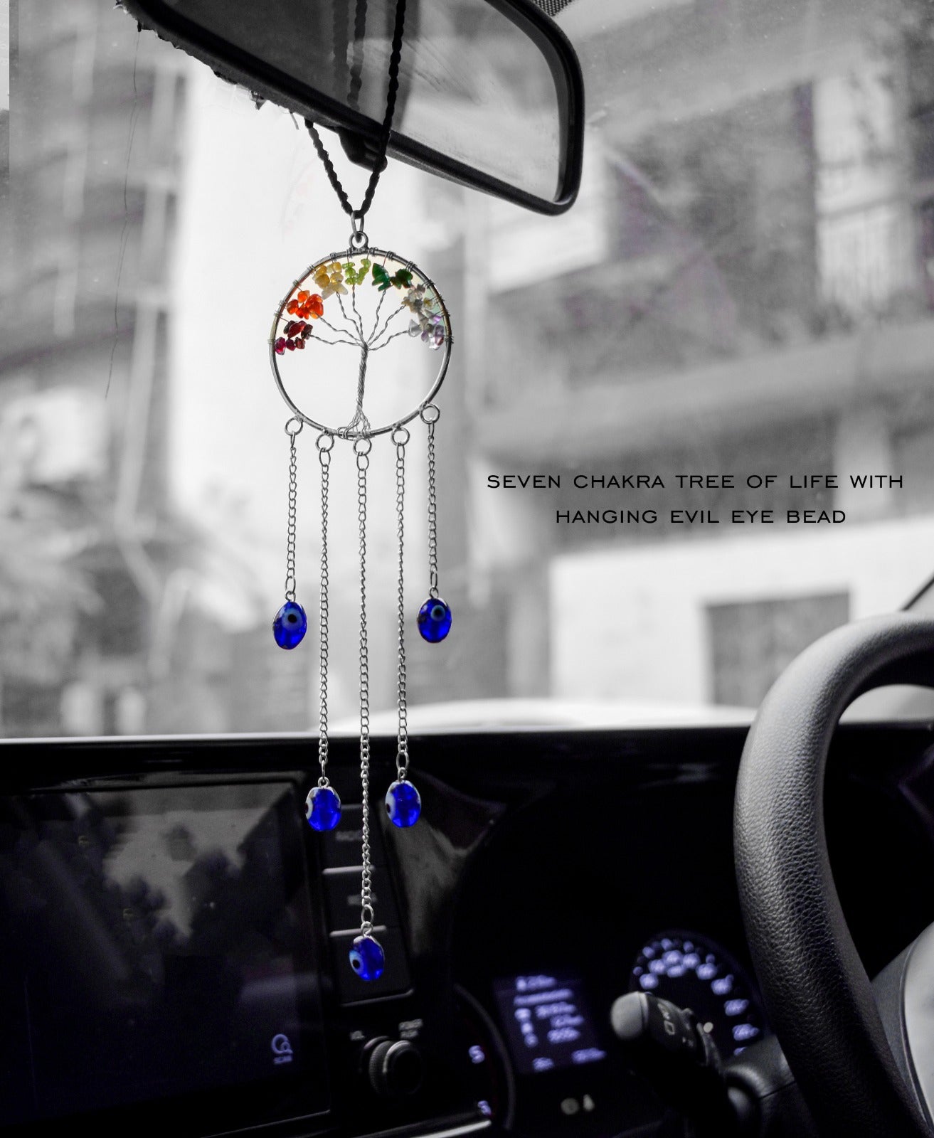 Seven Chakra Trees of life with hanging Evil Eye Beads - Bhakti Samagri