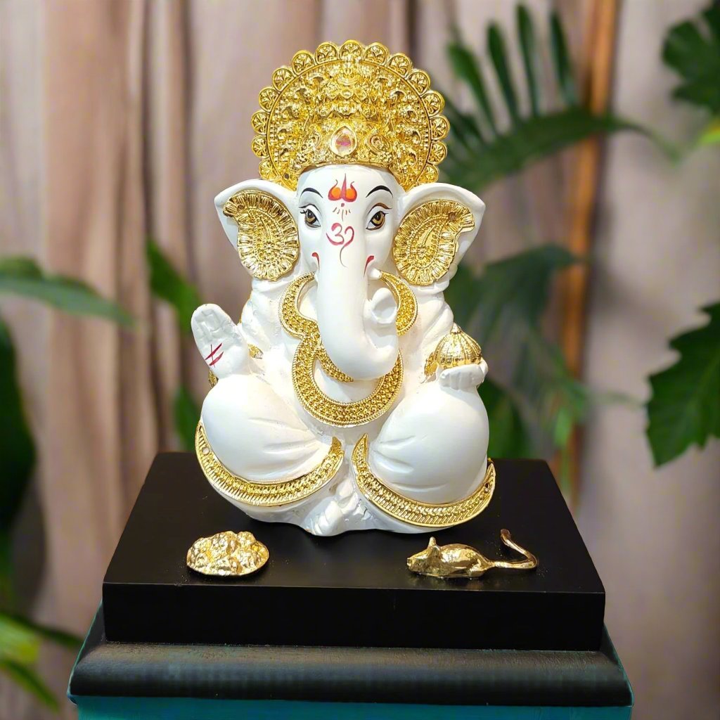 Gold Plated Ganesha Sitting On a Base - Bhakti Samagri