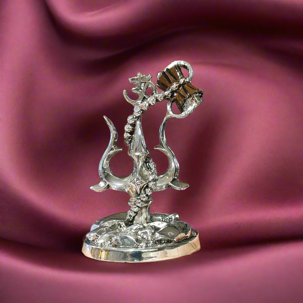 Silver Plated Trishul with Damru Decorative Showpiece - Bhakti Samagri