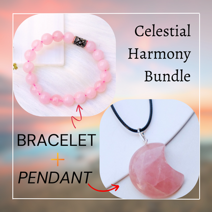 Celestial Harmony Bundle: Rose Quartz Bracelet with Rose Quartz Moon-Shaped Pendant