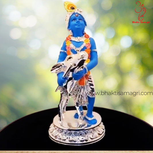 Silver-Plated Krishna Ji with Calf