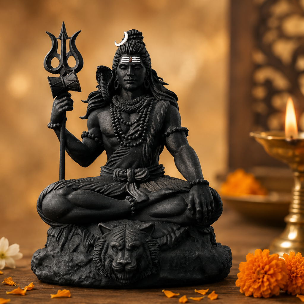 A black statue of Lord Shiva seated in a meditative pose on a tiger head base, holding a trident, styled with marigold flowers, a brass diya, and a warm golden background.