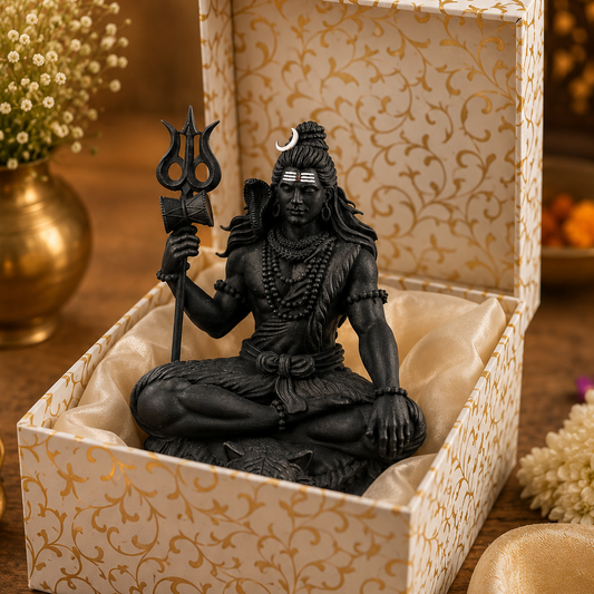 A black Lord Shiva statue seated in a lotus position inside an open cream-colored gift box with gold floral patterns, set on a wooden surface with decorative flowers and a lit candle.