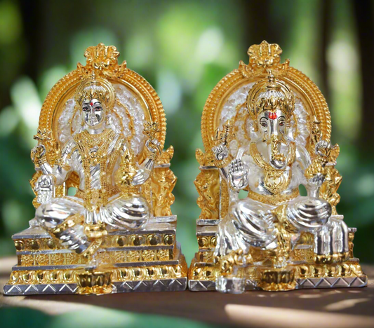 24 K Gold & Silver Plated Lakshmi Ganesha Idol | 5 Inches