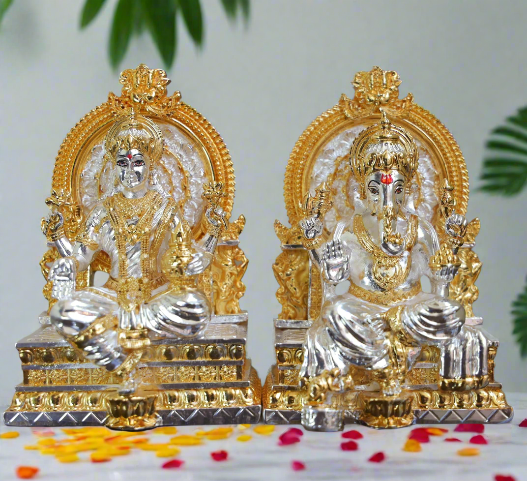 24 K Gold & Silver Plated Lakshmi Ganesha Idol | 5 Inches