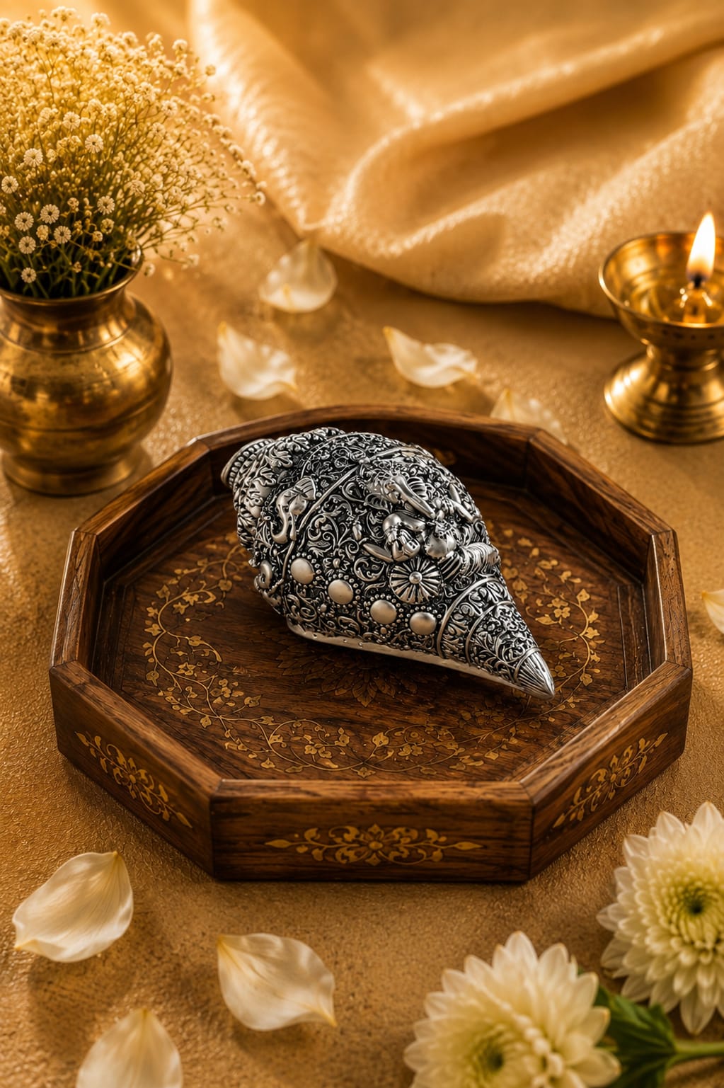 An ornate silver-toned metal kumbhaka pendant with intricate floral engravings and small pearl-like accents, displayed on a carved octagonal wooden tray. The tray is styled on a beige fabric surface with dried flowers, petals, a brass pot, and a lit brass candle.